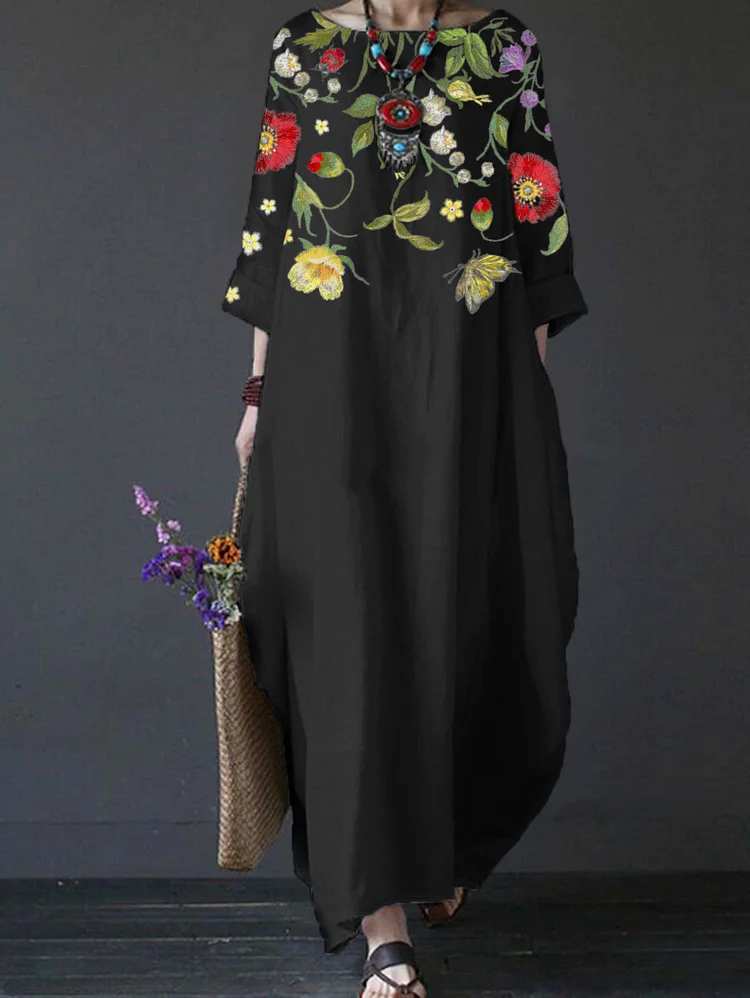 Ursime Women's Floral Print Loose Plus Size Dress