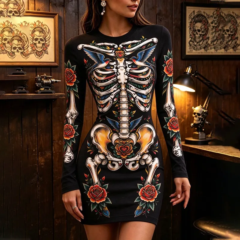 Comstylish Women's Gothic Halloween American Traditional Tattoo Skeleton Bird Rose Bodycon Dress