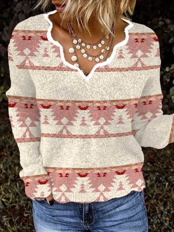 Retro Western Pink Geometry Print Knit Tops