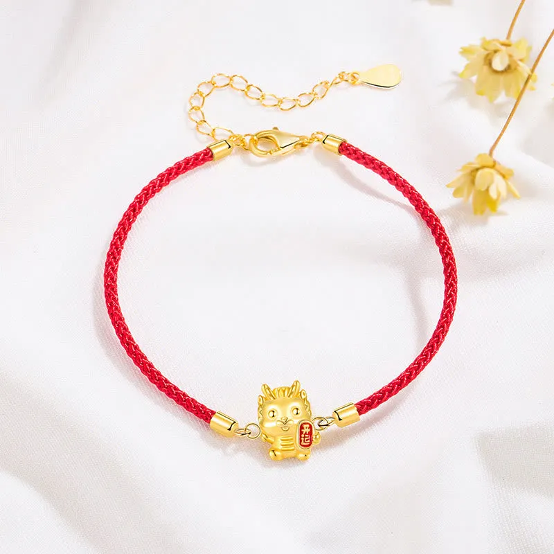 925 Sterling Silver Year Of The Dragon Lucky Golden Dragon Strength Red Rope Chain Bracelet