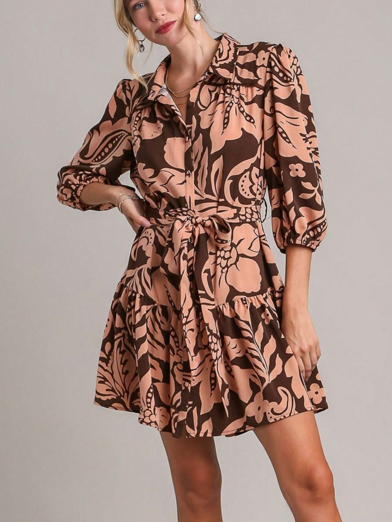 Womens Casual Bohemian Chic Floral Paisley Print Ruffle Hem Mini Dress Brown Peach Three Quarter Length Balloon Sleeves V Neck Flowy Aline Silhouette Perfect For Spring Summer Day Party Beach Vacation