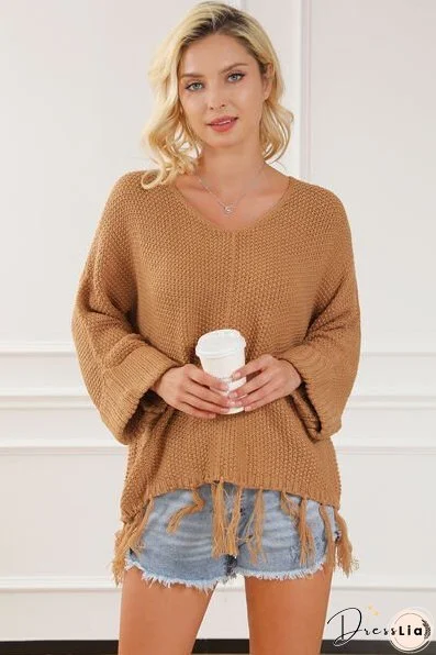Fringe V-Neck Long Sleeve Sweater