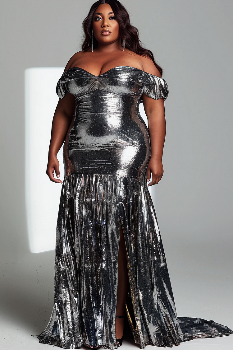 Xpluswear Design Plus Size Formal Silver Off The Shoulder Split Mermaid Glitter Maxi Dresses [Pre-Order]