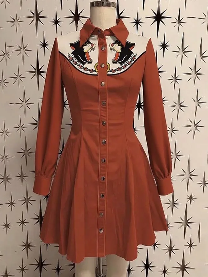 Women'S Western Retro Leopard And Love Print Shirt Dress 