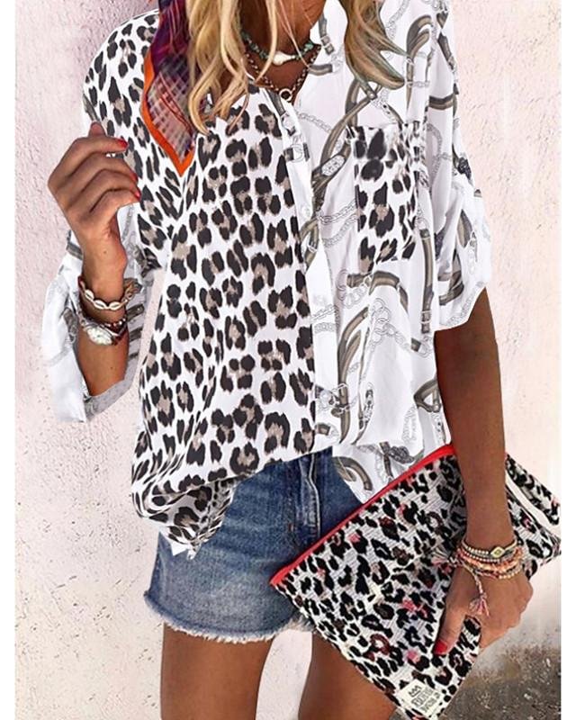 Women's Blouse Shirt Leopard Color Block Cheetah Print Long Sleeve V Neck Tops Basic Top White Black Army Green-823 - VSMEE