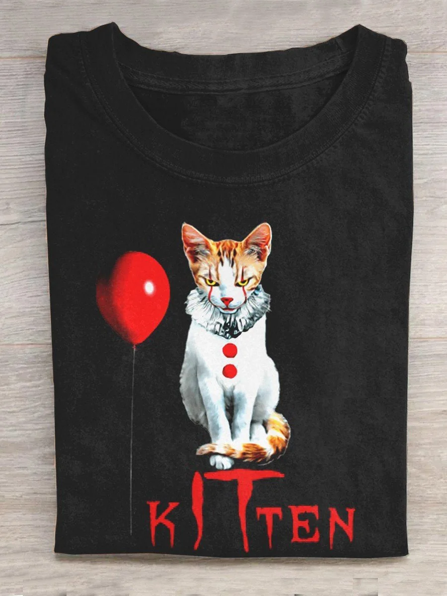 Eagerlys Halloween Cat Print Casual T-Shirt Eagerlys