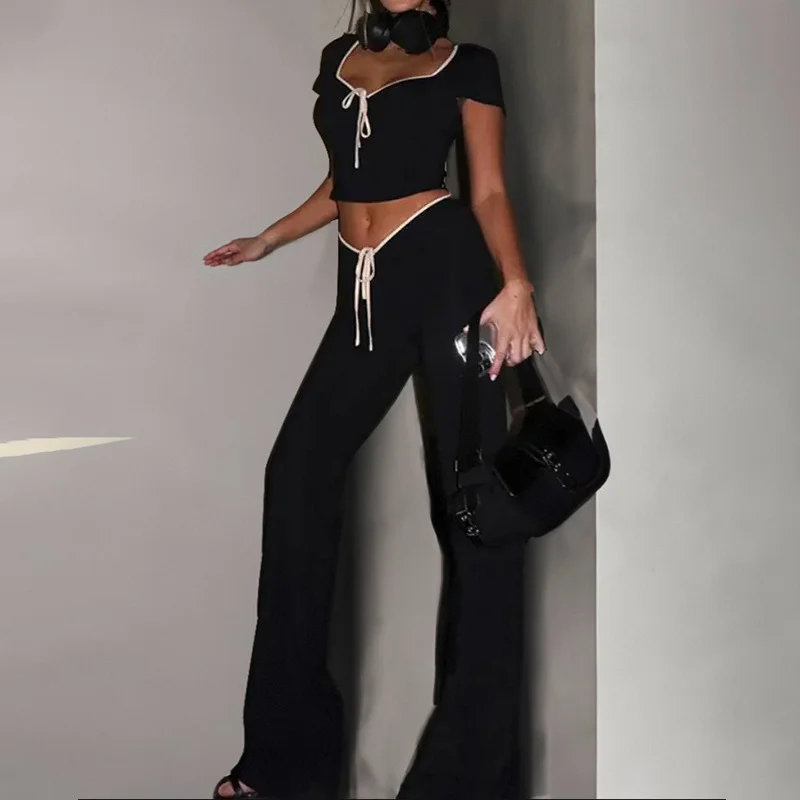 Brownm Brownm 2024 Fashion Suit New Women's Sexy Sweet Hot Girl Short Top Draw Rope Wide Leg Pants Fashion Suit