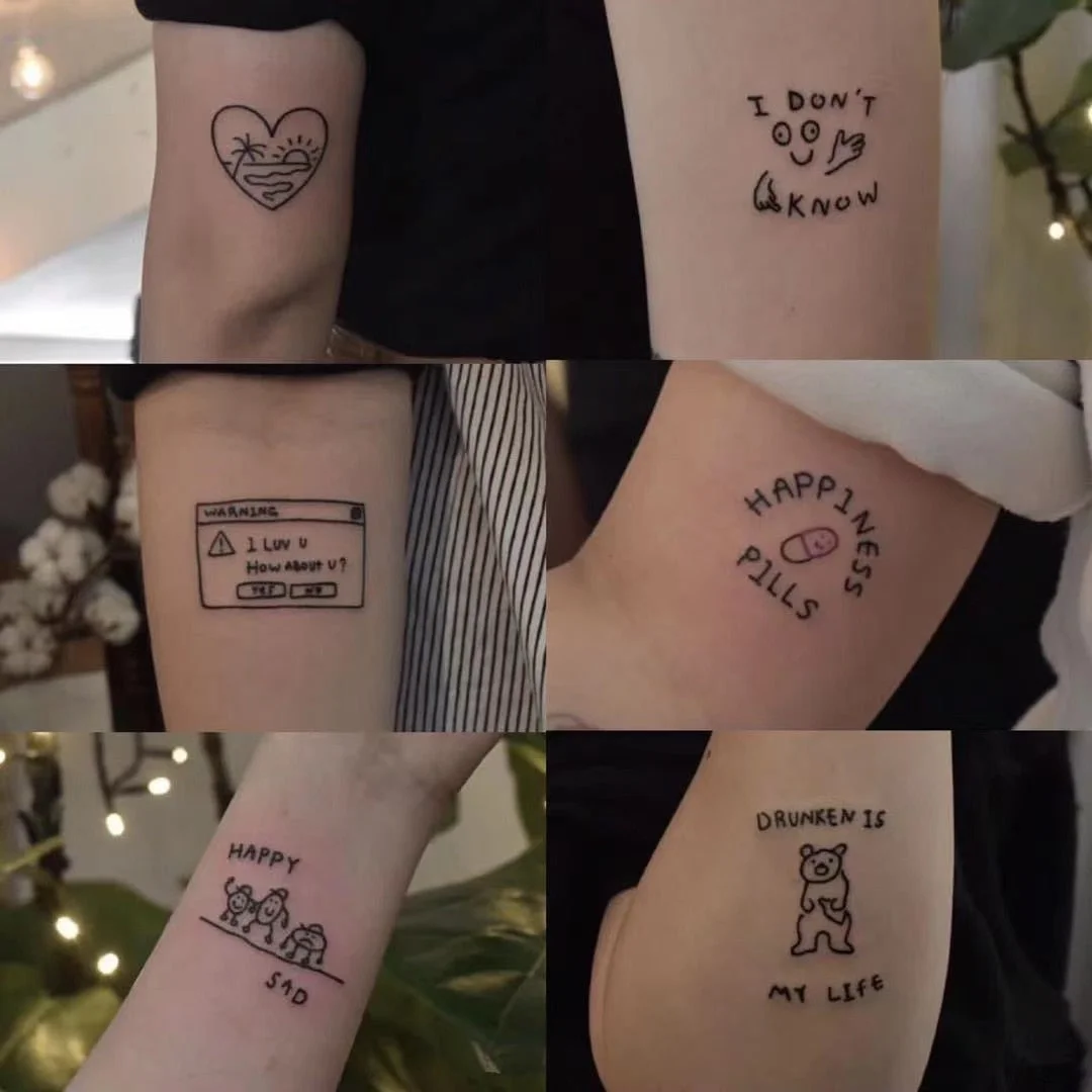 30PCS Black Cute Cartoon Temporary Tattoo Stickers For Women Men Arm Body Art Waterproof Fake Tattos Flash Decals Tatoos