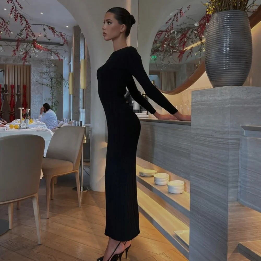 Uveng Uveng Sexy Elegant Dress Solid Color Long Sleeve Round Neck Wrap Hip Long Skirt Women's Fashion