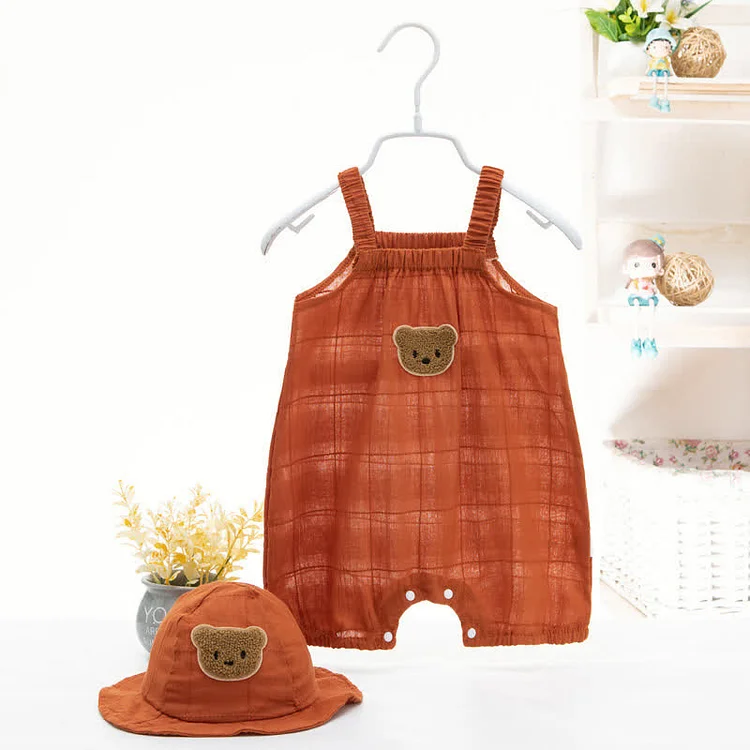 Baby Embroidered Bear Strap Romper with Hat