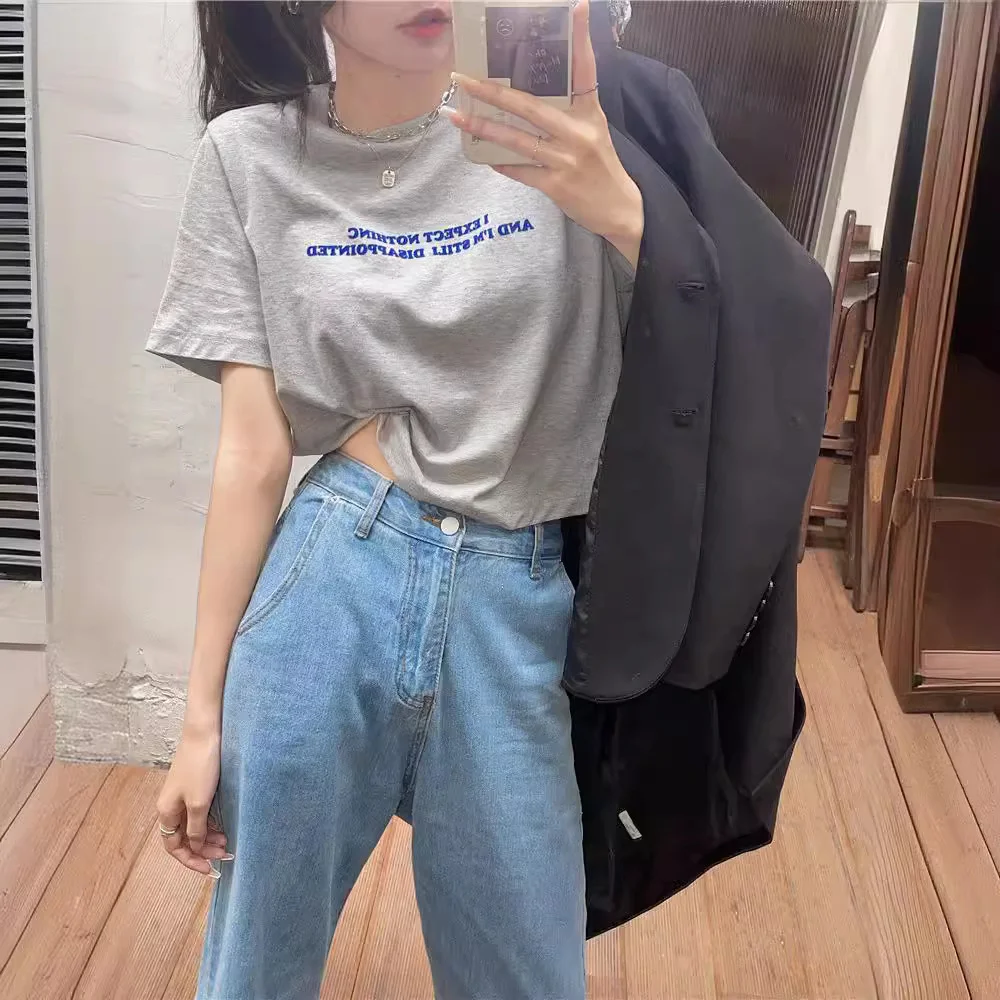 Brownm Brownm Summer Korean Version Of The New Loose Short Style Careful Machine Crop Letter Print Super Fire Short-Sleeved T-Shirt Jacket Women