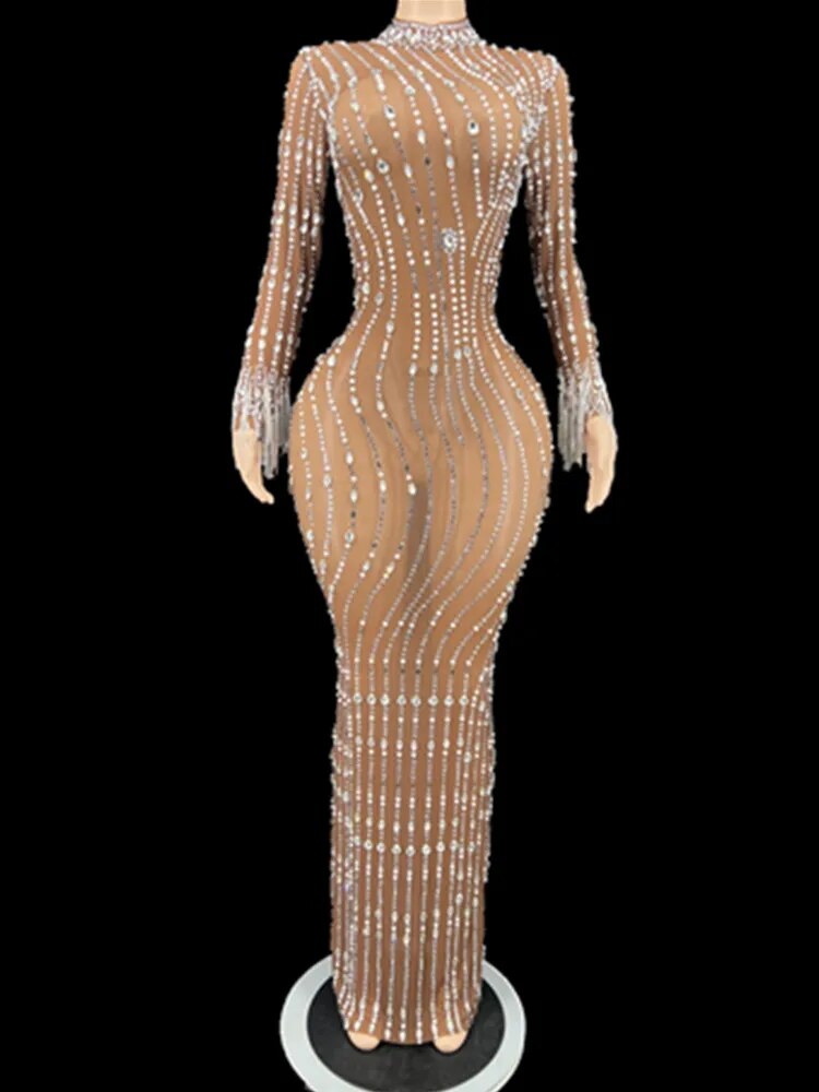 Crystals Transparent Long Dress Evening Birthday Wedding Celebrate Rhinestone Chain Dress Prom Party Outfit Stage Wear