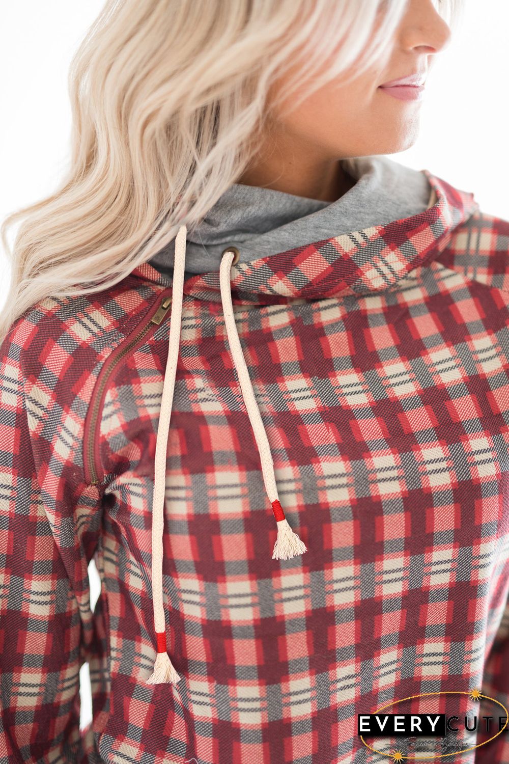 Red Cowl Neck Plaid Drawstring Hoodie with Thumb Hole