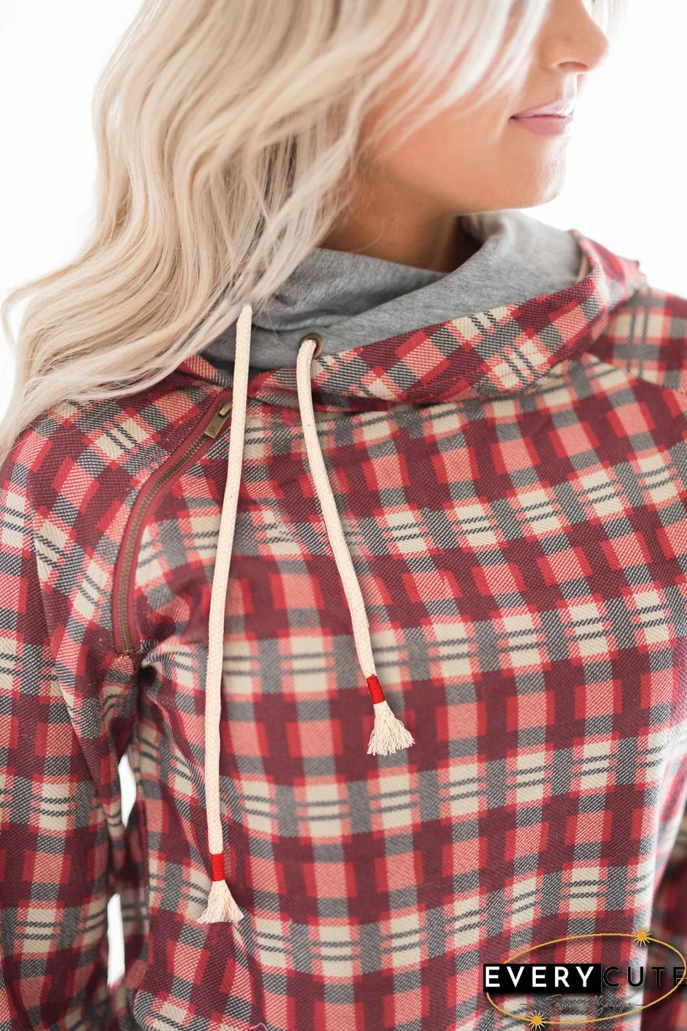 Red Cowl Neck Plaid Drawstring Hoodie with Thumb Hole