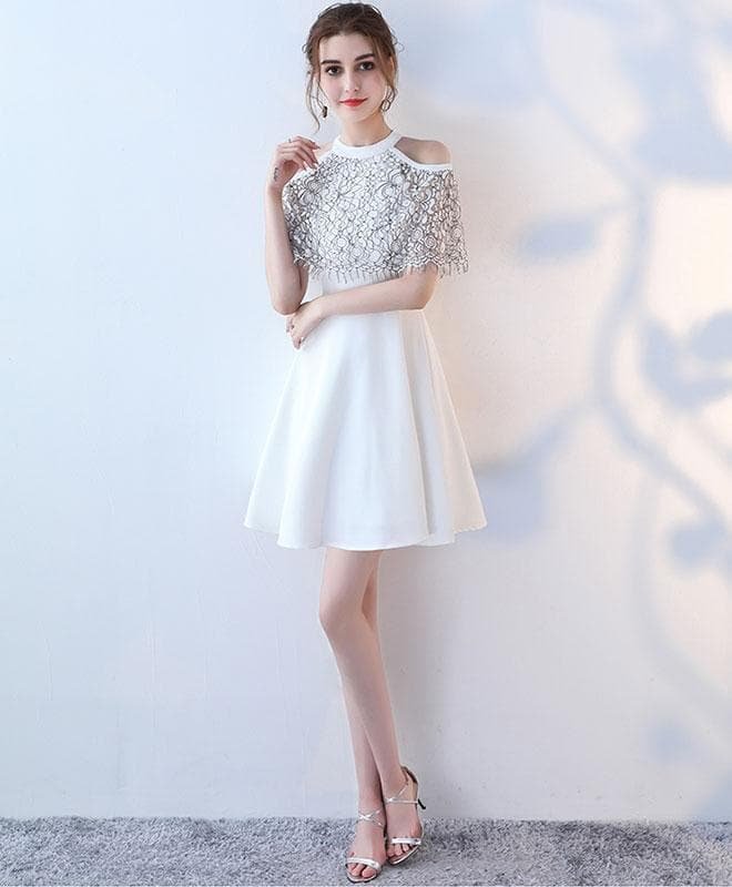 White Cute Lace Short Prom Dress, White Evening Dress