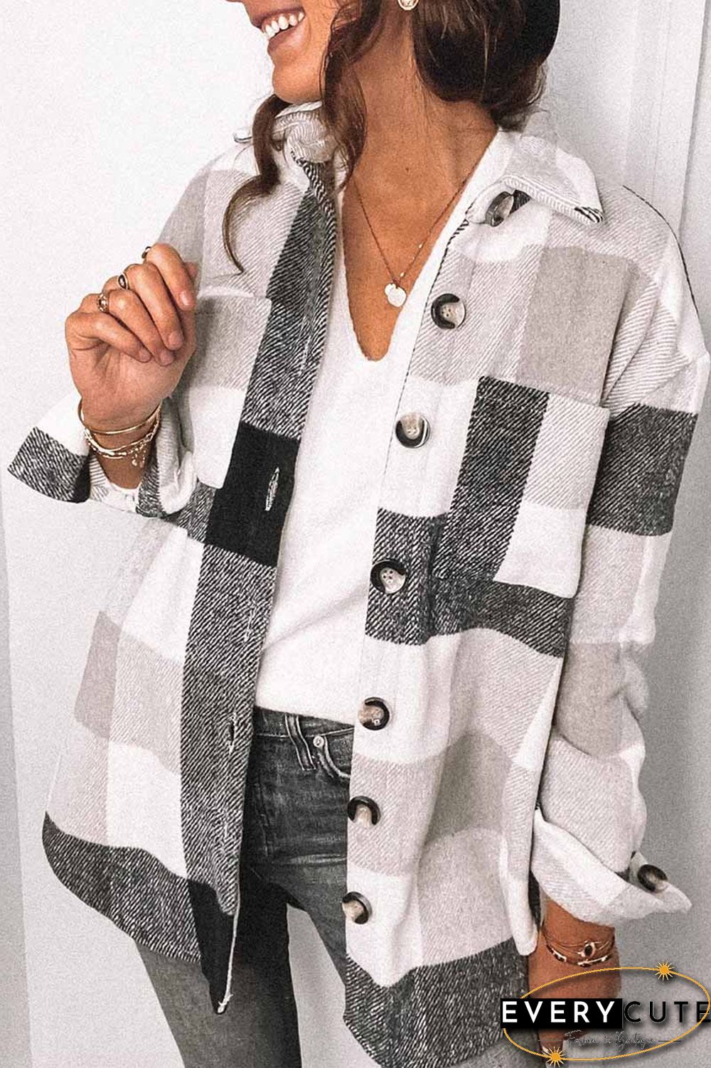 Fashion Lapel Loose Plaid Jacket Tops(3 Colors)