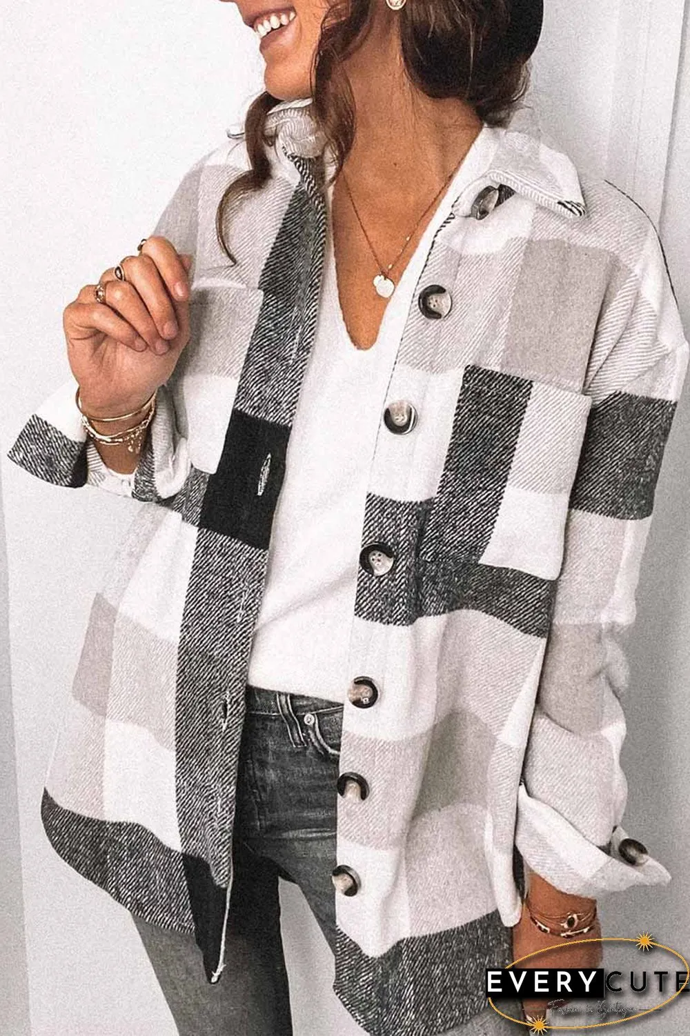 Fashion Lapel Loose Plaid Jacket Tops(3 Colors)