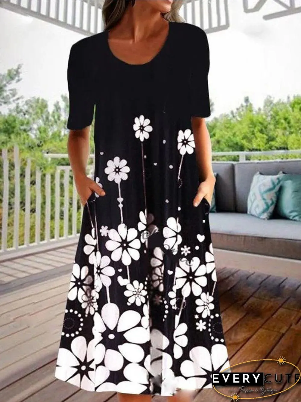 Fashion Personality Retro Floral Print Half Sleeve Dress Black Dresses