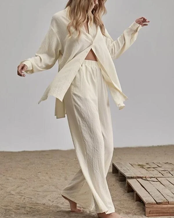 Linen Solid Slit Cardigan and Wide-Leg Pant Suits