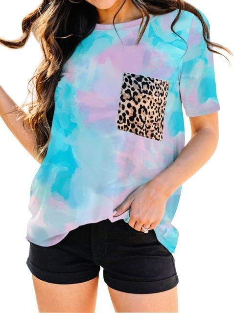 Tie-dye Print Leopard Pocket T-shirt