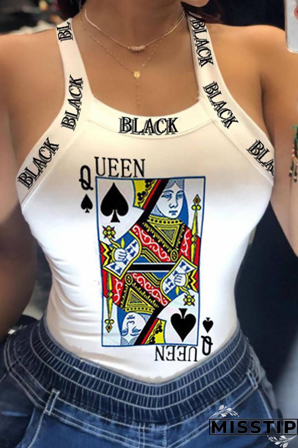 Cream White Casual Street Print Patchwork U Neck Tops