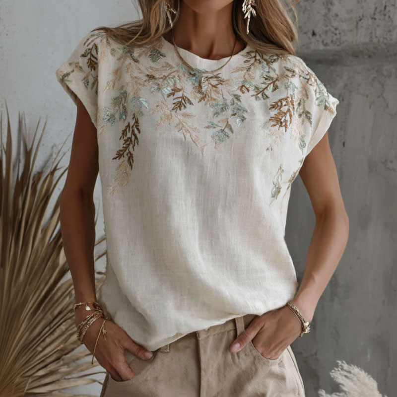 Comstylish Women's Retro Floral Branch Art Print Linen Blend Crew Neck T-shirt