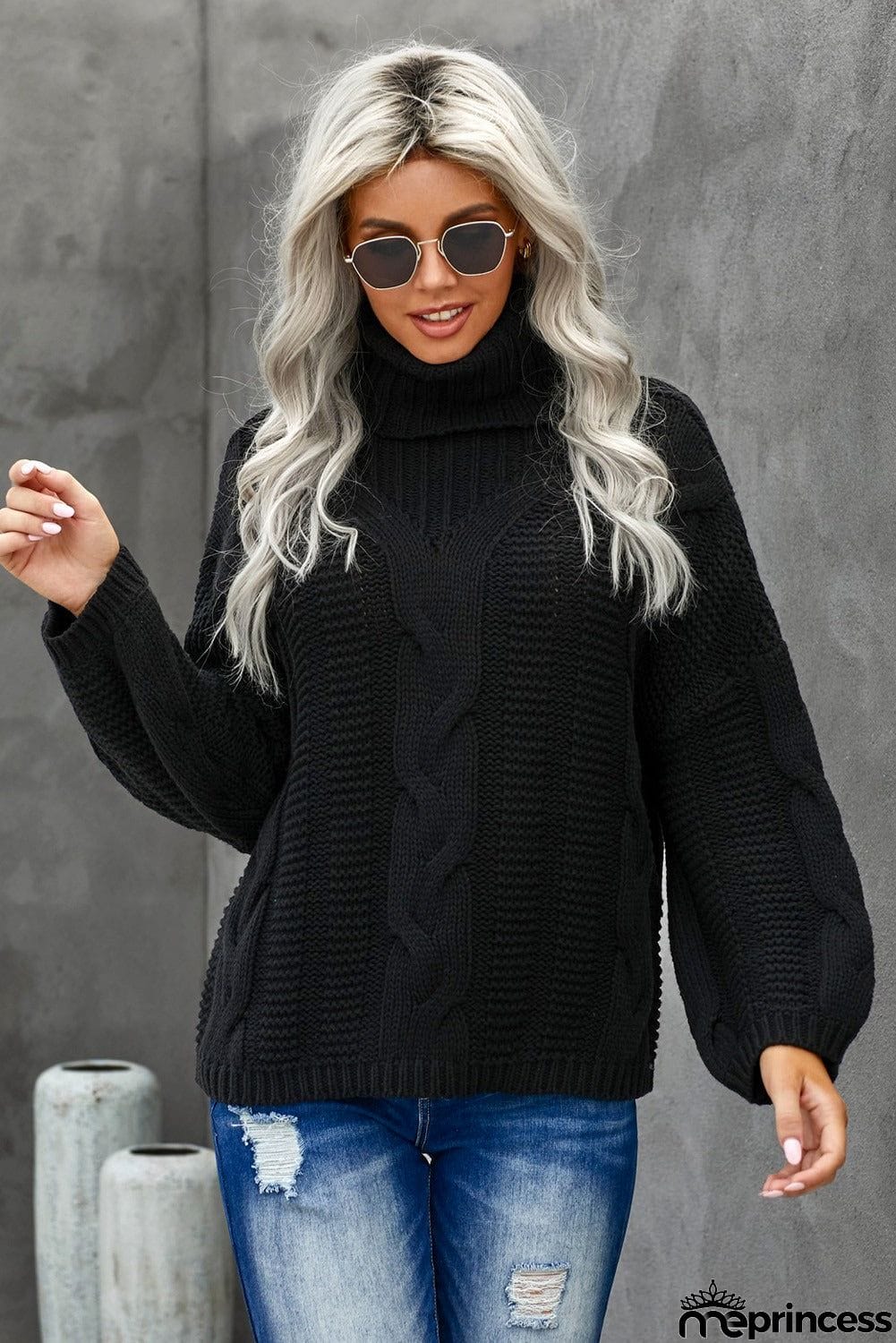 Winter Black Oversize Turtleneck Textured Womens Sweater