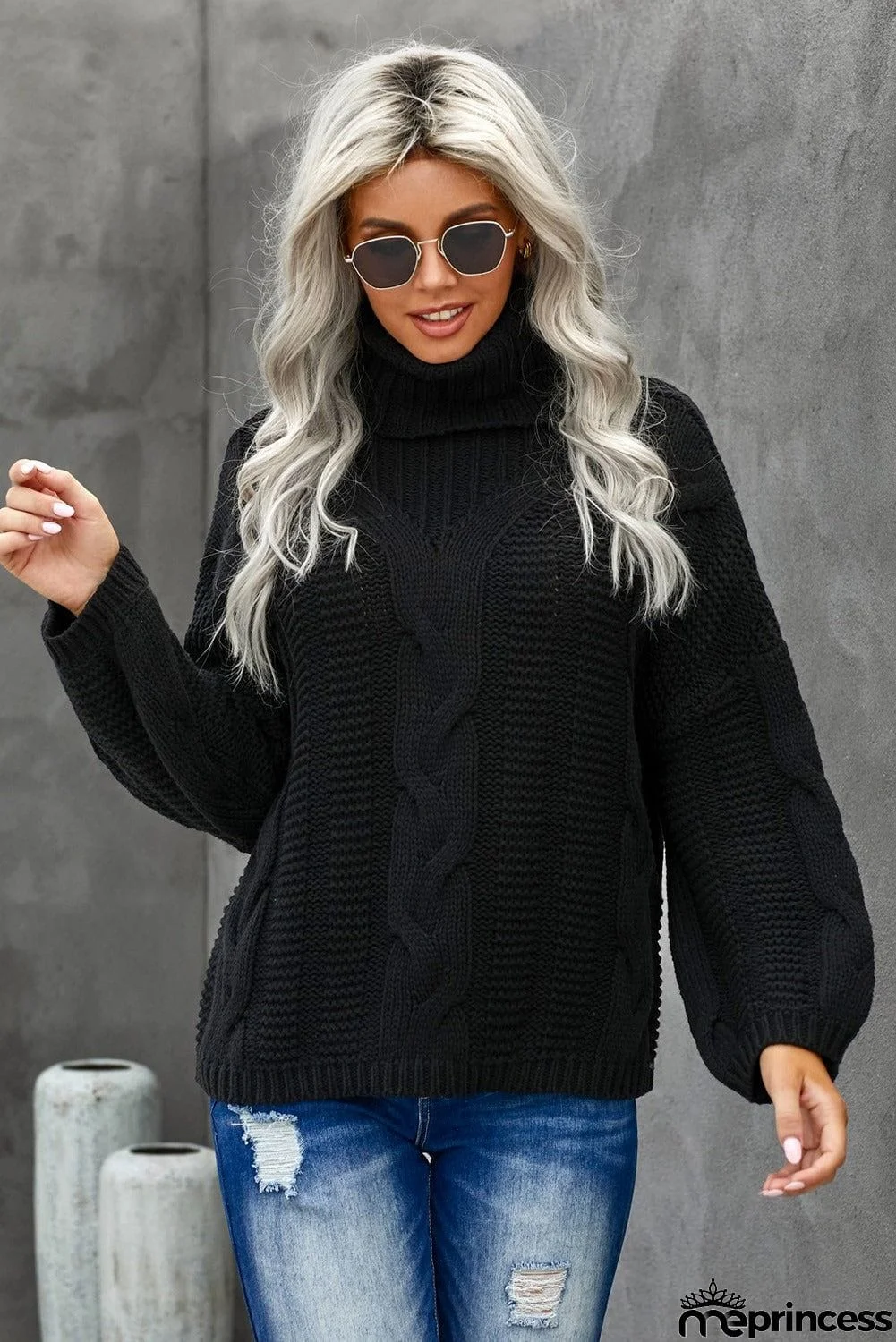 Winter Black Oversize Turtleneck Textured Womens Sweater