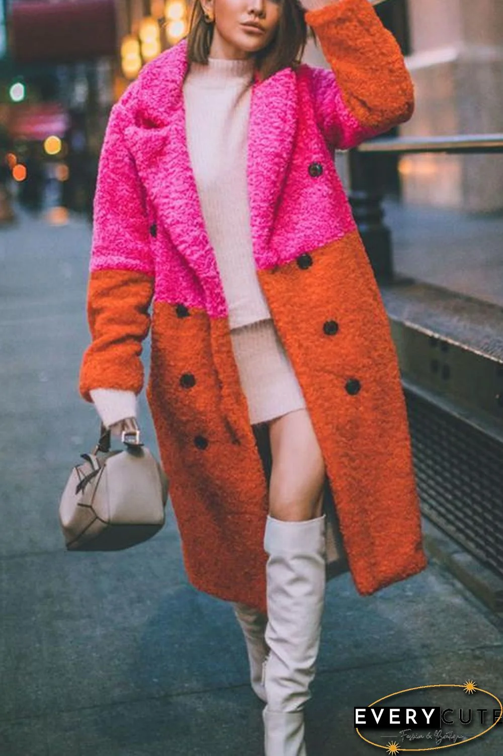 Plush Color Block Button Pocket Coat