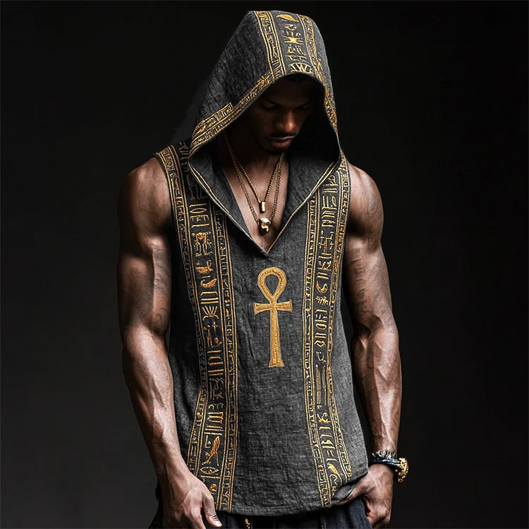Men's Ankh Ancient Egyptian Embroidered Hooded Linen Tank