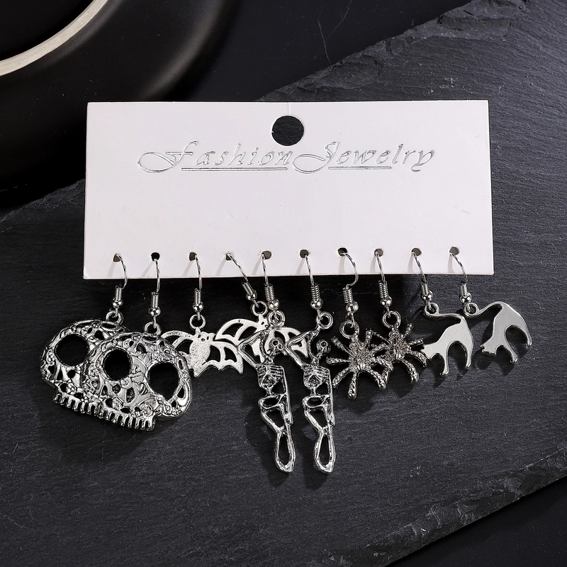 1 Set Gothic Vintage Style Funny Pumpkin Spider Skull Alloy Silver Plated Drop Earrings