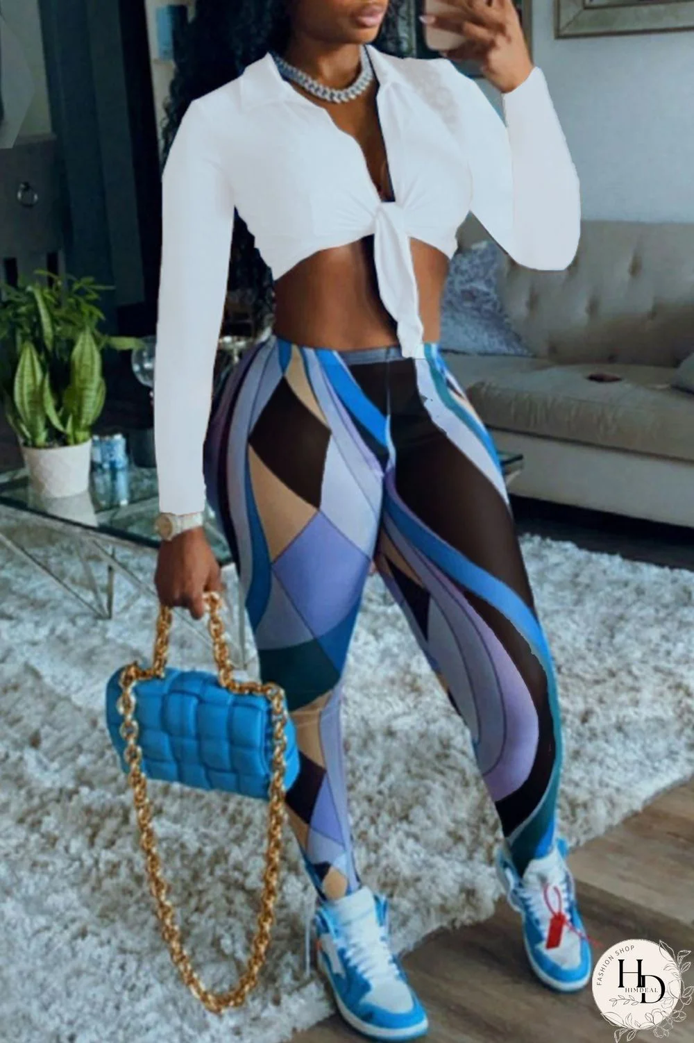 White Fashion Sexy Print Bandage V Neck Long Sleeve Two Pieces
