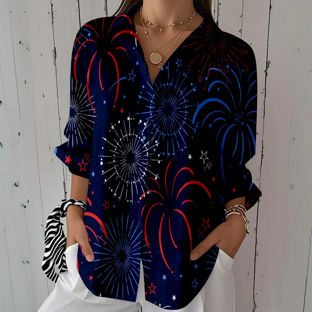 Style & Comfort for Mature Women Women  Independence Day, Star, Striped, Blue, Red DZCL0237 3/4 Sleeve Shirt Collar Printed Button Tops