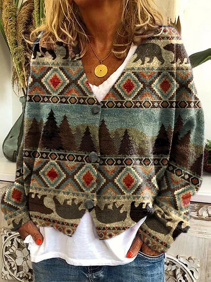 Women's Western Geometric Floral Plush Cardigan