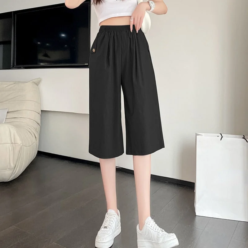 UForever21 Knee-Length Casual Pants Women Loose Classic Simple Design Pure All-Match Summer Breathable Streetwear Colleges Folds Fashion