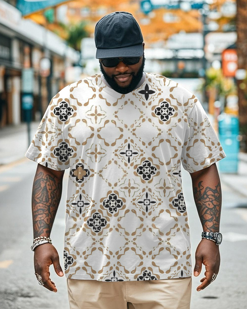 Big & Tall Men's Daily Casual White Diamond Colorblock Printed Round Neck Short Sleeve T-Shirt