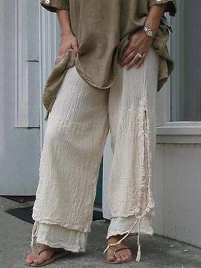 Women's Cotton and Linen Double Drawstring Wide Leg Pants-mysite