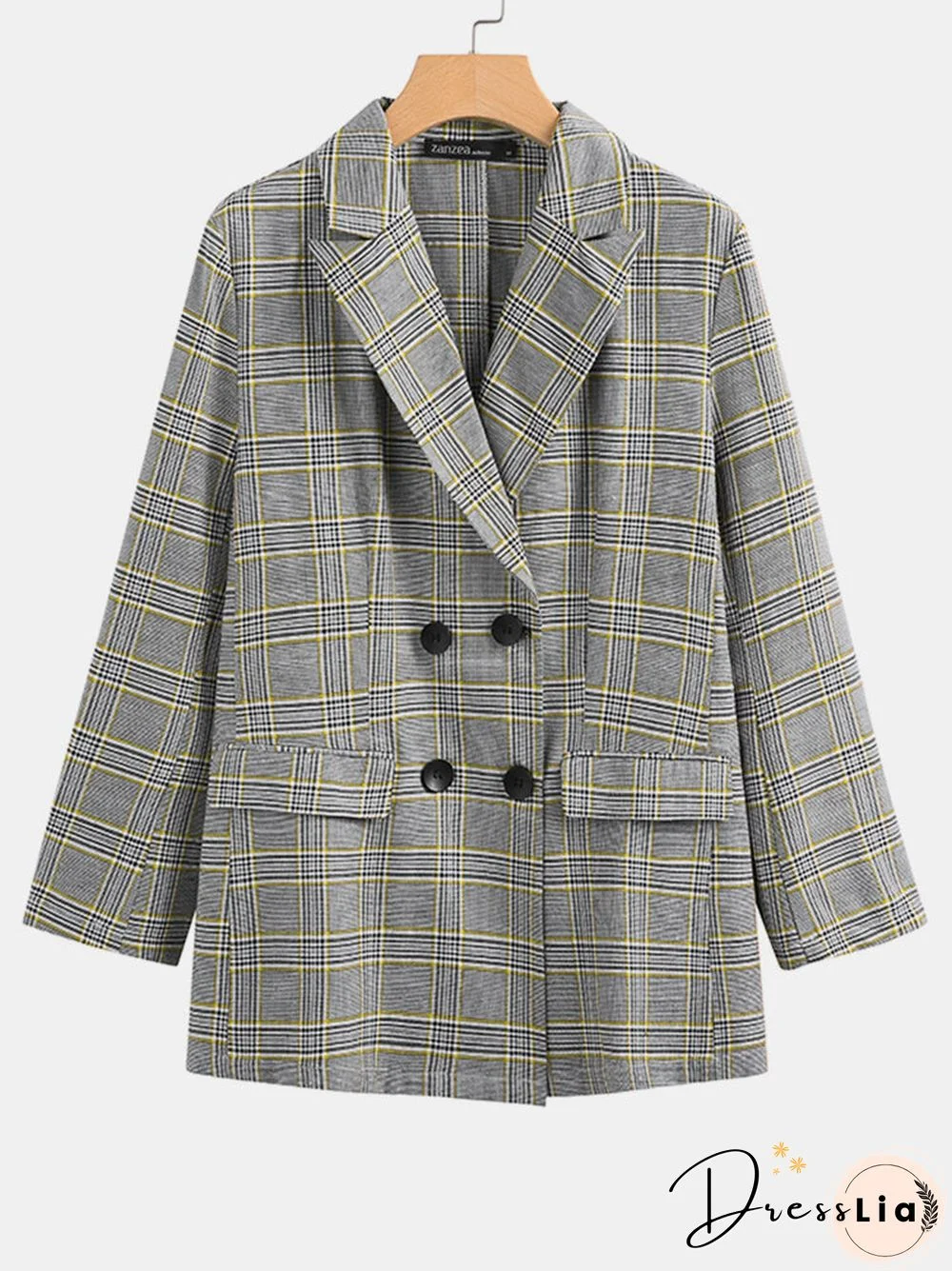 Plaid Button Pocket Long Sleeve Blazer for Women