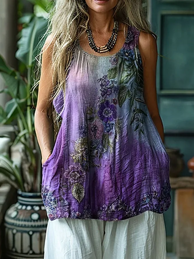 Women's Alzheimer's Purple Floral Print Linen Tank Top 