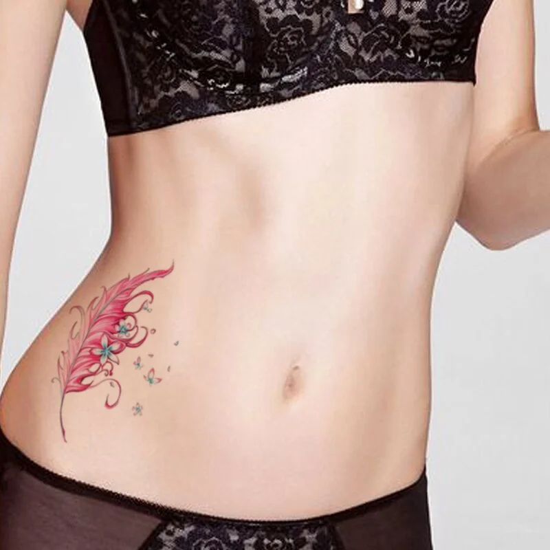 Fashion Women Temporary Tattoo Sticker Pink Feathers Tatto Transfer Flower Design Tattoos Girl Belly Body Art Sexy Fake Tatoo