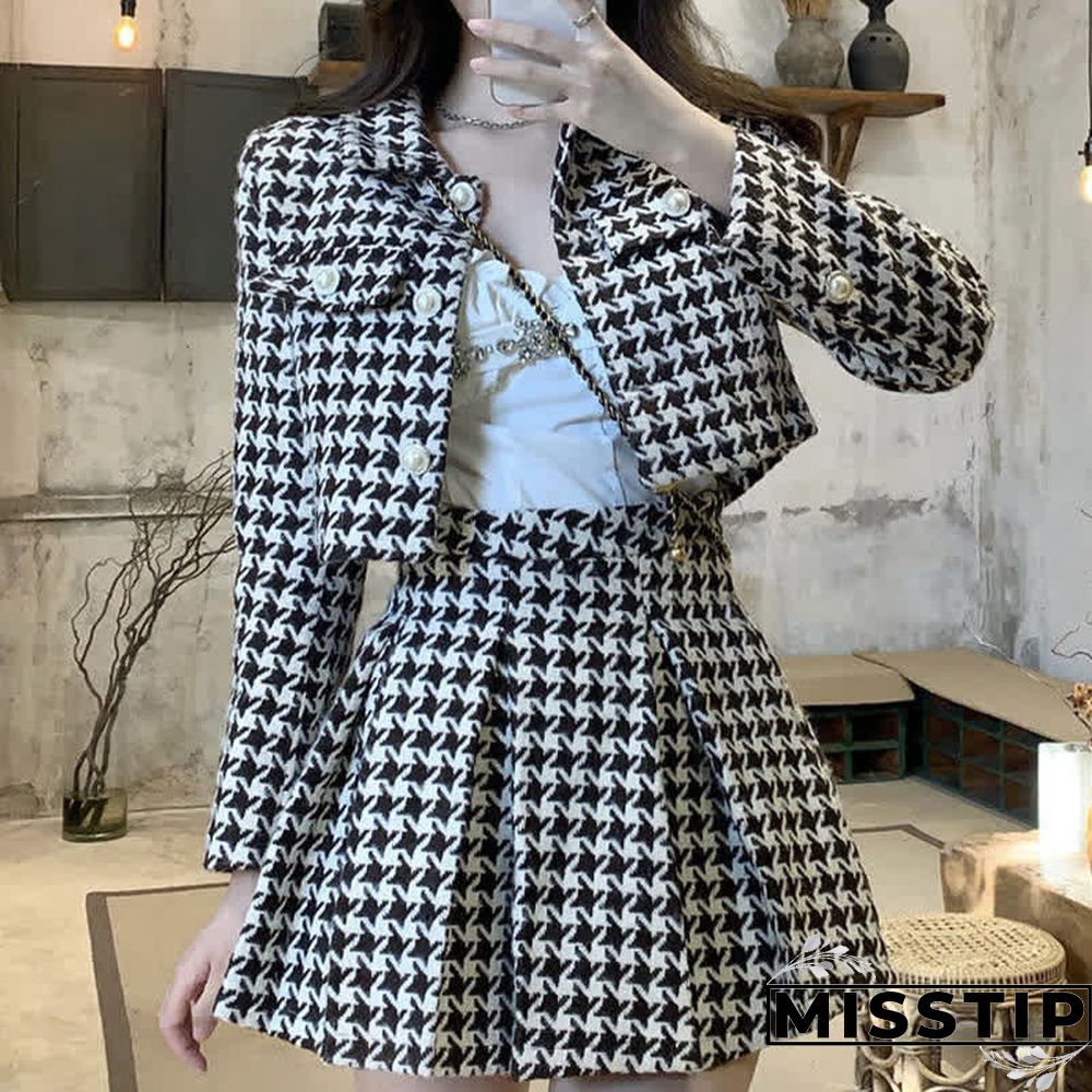 Chic Houndstooth Print Crop Blazer Jacket Pleated Skirt