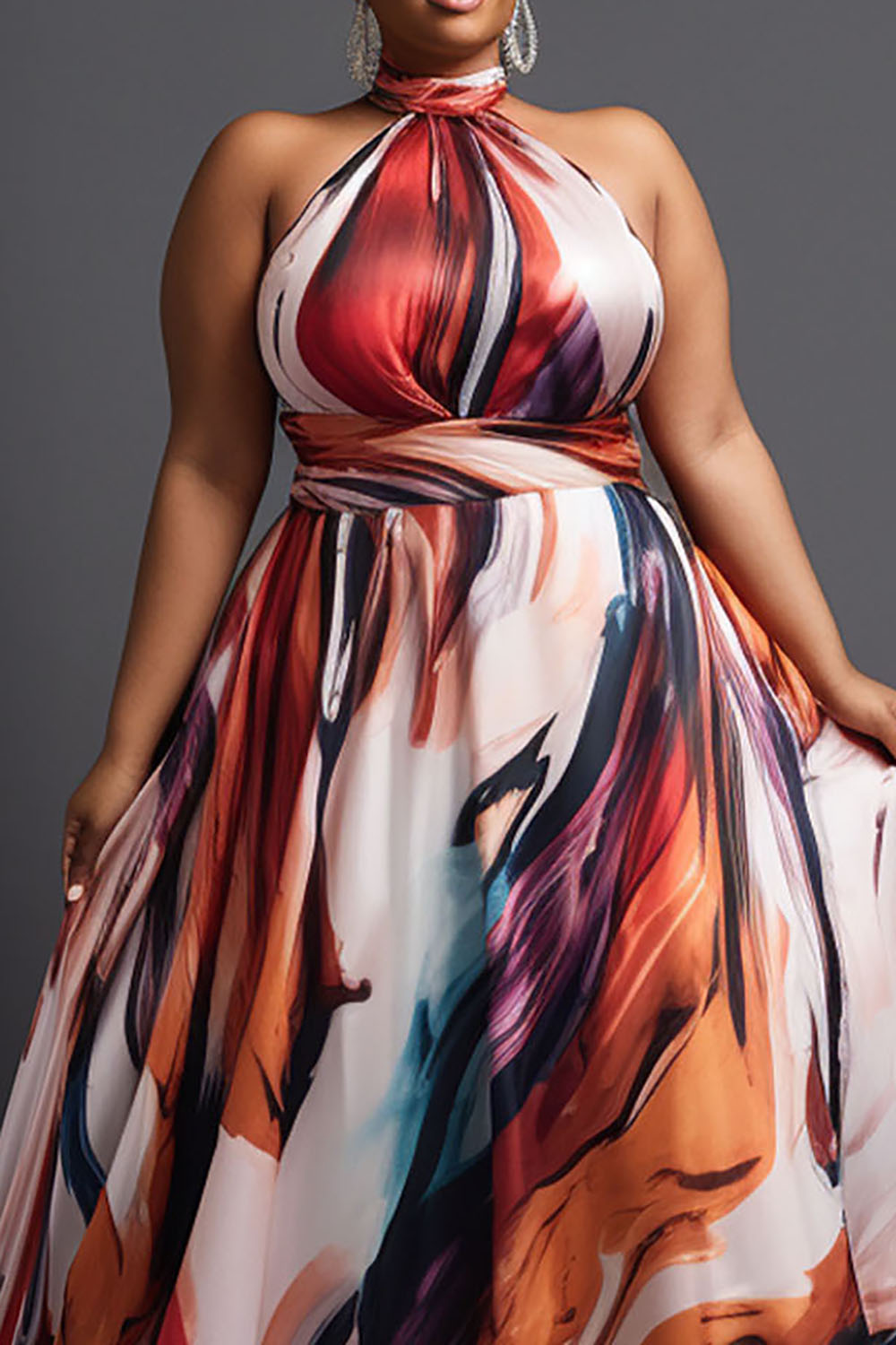 Design Plus Size Vacation Elegant Multicolor All Over Print Halter Collar Satin Maxi Dresses [Pre-Order]