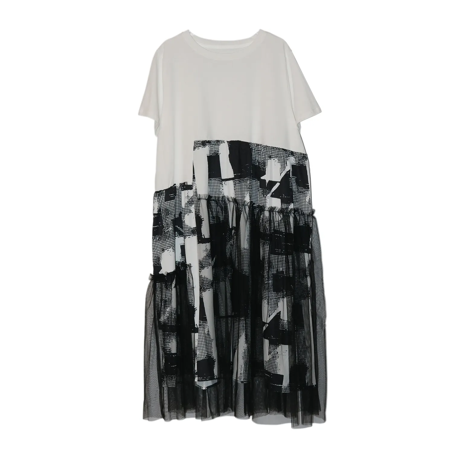 Vintage Ink-Print Patchwork Mesh Dress