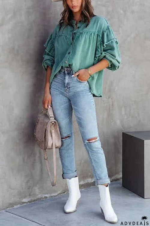Fashion Long Sleeve Solid Color Denim Coat