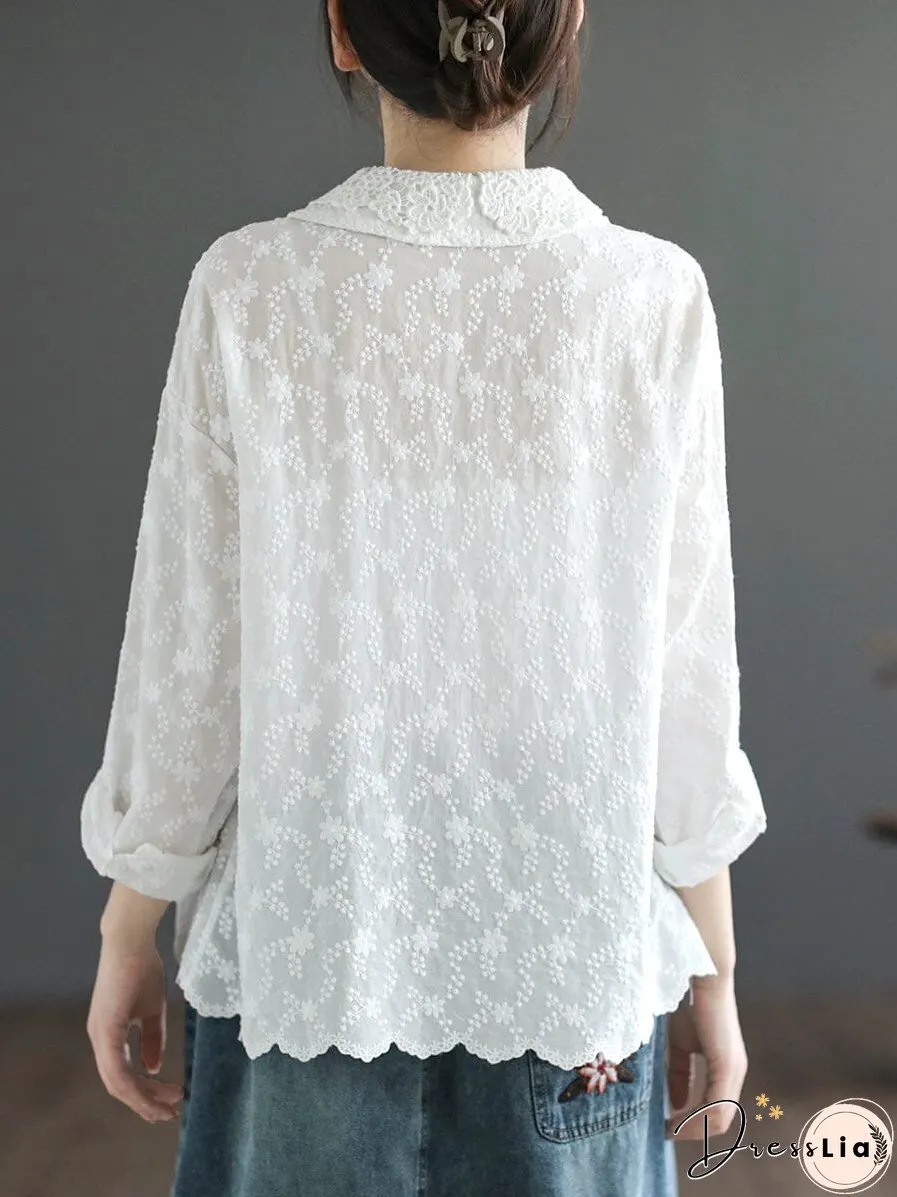 Women Spring Retro Embroidery Double Layers Blouse