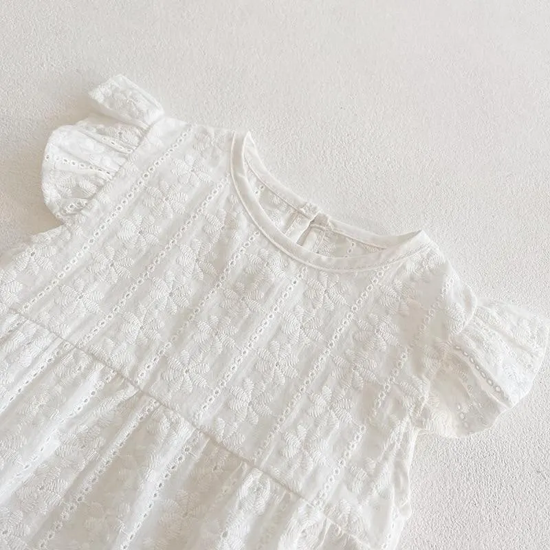 Infant Baby Girls Romper, Newborn's Fly Sleeve Hollow out Embroidery Flower Round Neck Jumpsuit for Toddler