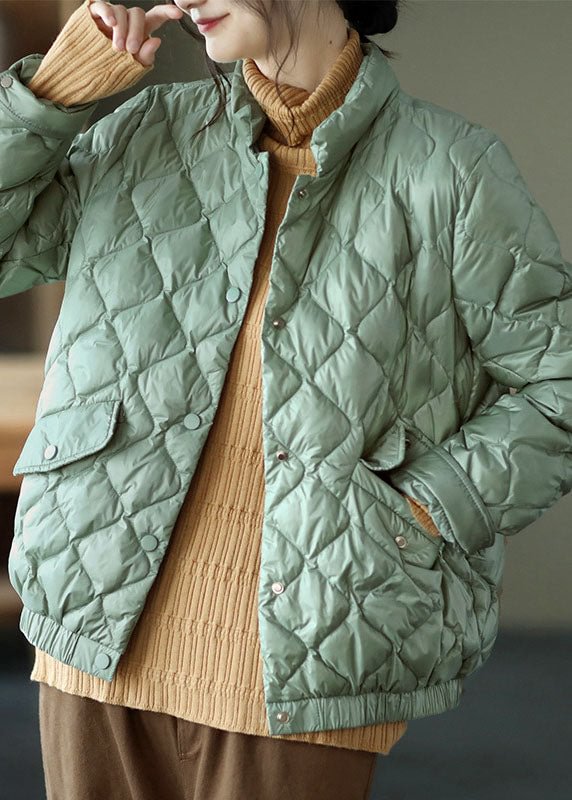 Luxury Light Green Stand Collar Pockets Button Winter Down Coat CK2466- Fabulory