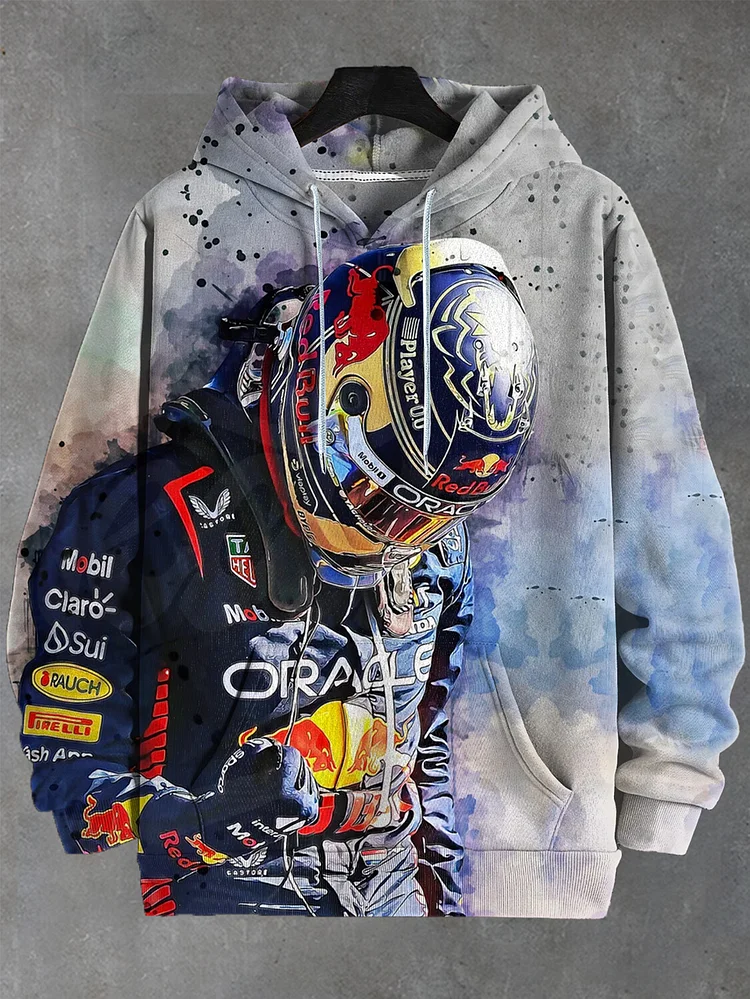 Men's Vintage Racing Driver Watercolor Painting Print Casual Hoodie