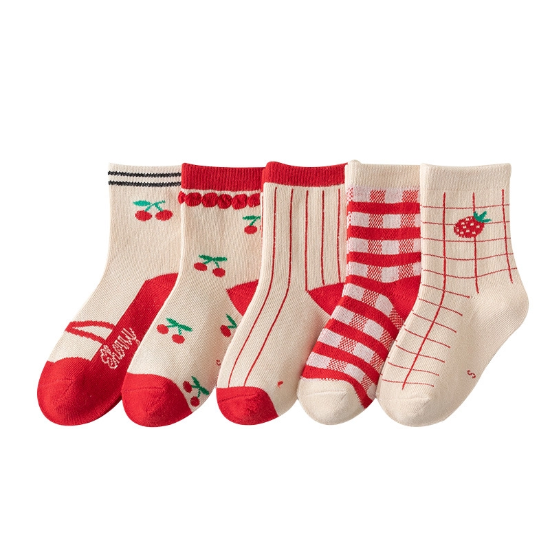 Autumn New Children's Socks Girls Socks Long Pile Cotton Comfortable Breathable Red Cherry Mid-tube Tide Socks