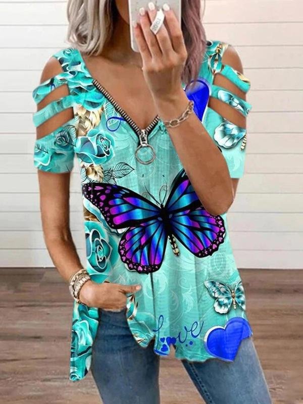 Butterfly Floral Print V-Neck Zipper Short Sleeve T-Shirt